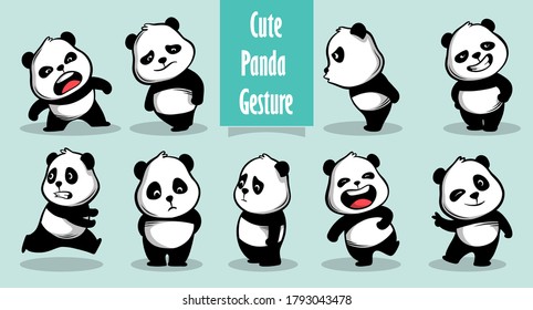 Hand drawn of cute panda icon character gesture