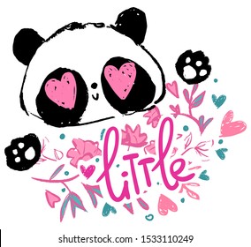 Hand drawn cute Panda illustration vector.  Flowers.