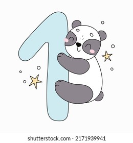 panda lindo dibujado a mano y número 1