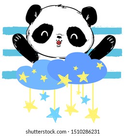 Hand drawn Cute panda on a striped blue background. Clouds with stars. Children's print for pajamas.  Vector.