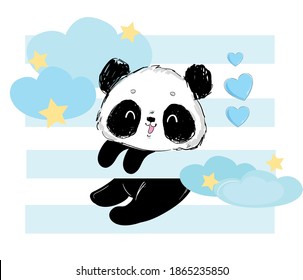 Handgezeichnet Cute Panda auf gestreiftem blauem Hintergrund. Wolken mit Sternen. Kinderbild für Schlafanzug.  Vektorgrafik.