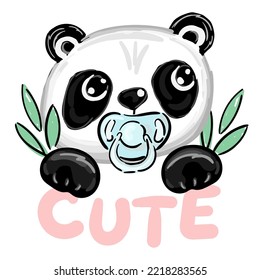 Hand drawn cute panda with pacifier isolated on white background. Print for t-shirt.