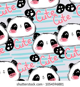 Hand Drawn cute panda pattern seamless vector, children print on t-shirt