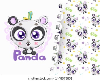 Hand drawn cute panda with pattern