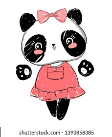 Hand drawn cute panda with pink bow and pink dress isolated on white background. Print for t-shirt.