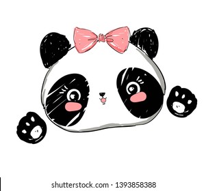 Hand drawn cute panda with pink bow isolated on white background. Print for t-shirt.