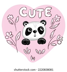 Hand drawn cute panda with pink heart and flowers isolated on white background. Print for t-shirt.