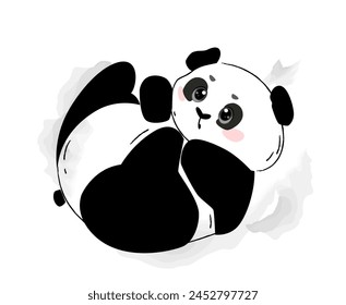 Hand drawn Cute Panda. Playful baby panda lying, tumbling and having fun. Doodle sticker with black and white bear. Asian zoo animal. Cartoon flat vector illustration isolated on white background