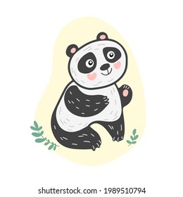 Hand drawn cute panda  in scandinavian style with plant. Vector flat illustration. Concept for children print, baby clothes, postcards, baby shower, poster, party