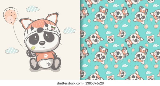 Hand drawn cute panda with seamless pattern set. . Can be used for kids/babies shirt design, fashion print design,t-shirt, kids wear,textile design,celebration card/ greeting card, vector