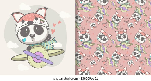 Hand drawn cute panda with seamless pattern set. . Can be used for kids/babies shirt design, fashion print design,t-shirt, kids wear,textile design,celebration card/ greeting card, vector