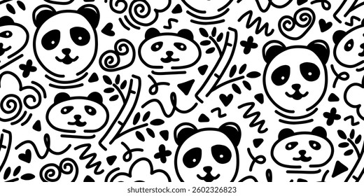 Hand drawn cute panda seamless pattern with bamboo and hearts. vector illustration