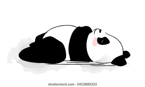 Hand drawn Cute Panda. Sketch with happy smiling black and white bear lying on back and sleeping. Doodle sticker with wild Asian animal. Cartoon flat vector illustration isolated on white background