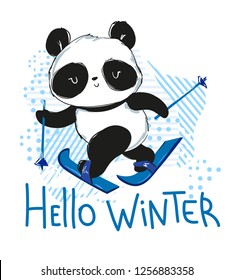Hand drawn cute Panda skiing. . Winter sports. Vector illustration.
