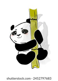 Hand drawn Cute Panda. Smiling baby panda climbing up bamboo tree. Doodle sticker with black and white bear from Asia. Design for print. Cartoon flat vector illustration isolated on white background