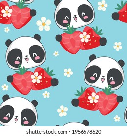hand drawn Cute panda with Strawberry seamless pattern vector illustration funny design