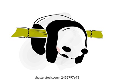 Hand drawn Cute Panda. Tired black and white Asian bear lies on bamboo tree branch and rests. Doodle sticker with adorable animal. Cartoon flat vector illustration isolated on white background