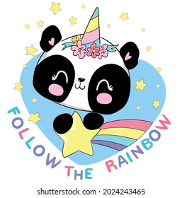 Hand drawn Cute Panda unicorn and rainbow vector illustration, Childish print summer