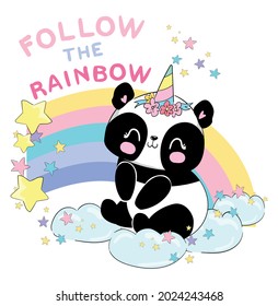 Hand drawn Cute Panda unicorn and rainbow vector illustration, Childish print summer