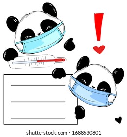 Hand drawn cute Panda wearing a mask with a thermometer. Stop coronavirus. (COVID-19) Pandemic medical vector illustration. Nameplate, banner attention!
