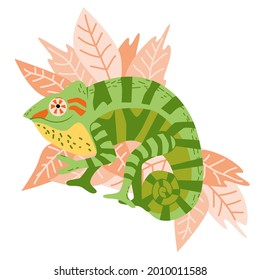 hand drawn cute panther chameleon, exotic mascot shows peace sign and smiles, bright positive character on tropical foliage background, avatar, logo, kids design vector illustration