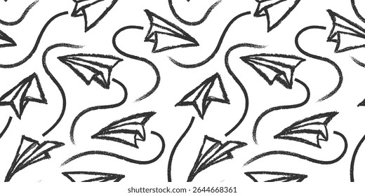 Hand drawn cute  paper airplane with route line path on crayon brush style.