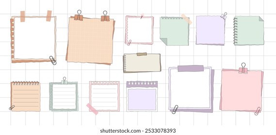 Hand Drawn Cute Paper Note with Tape Vector Collection. Colorful Blank Paper Notes for Message, Journals, Planners, To-Do Lists, Memo Template. Hand Drawn Paper Reminder flat vector illustrations