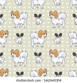 Hand drawn cute papillon breed dog and puppy seamless vector pattern. Purebred pedigree puppy domestic dog on paw background. Dog lover toy spaniel pet all over print. Kennel pooch. EPS 10. 