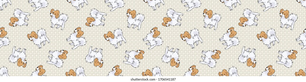 Hand drawn cute papillon dog breed seamless border pattern. Purebred pedigree domestic dog background. Dog lover fluffy pet washi ribbon. Kennel pooch EPS 10. 