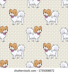 Hand drawn cute papillon dog with pink bow seamless vector pattern. Purebred pedigree puppy domestic dog on paw background. Dog lover toy spaniel pet all over print. Kennel pooch. EPS 10. 