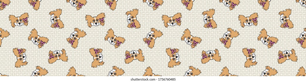 Hand drawn cute papillon dog face with pink bow seamless vector border. Purebred pedigree puppy domestic dog on paw background. Dog lover toy spaniel pet all over print. Kennel pooch. EPS 10. 