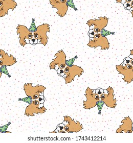 Hand drawn cute papillon dog face with party hat seamless vector pattern. Purebred pedigree puppy domestic celebration background. Dog lover toy spaniel pet all over print. Kennel pooch. EPS 10.