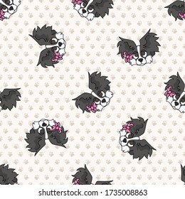 Hand drawn cute papillon puppy face with pink bow seamless vector pattern. Purebred pedigree domestic dog on paw background. Dog lover toy spaniel pet all over print. Kennel pooch. EPS 10. 