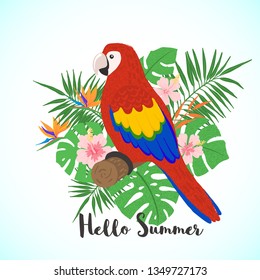 Hand drawn cute parrot ara on a floral background. Cartoon tropical bird. Summer concept. Design element for poster, banner, t-shirt and other. Vector illustration.