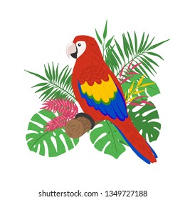 Hand drawn cute parrot ara on a floral background. Cartoon tropical bird. Summer concept. Design element for poster, banner, t-shirt and other. Vector illustration.