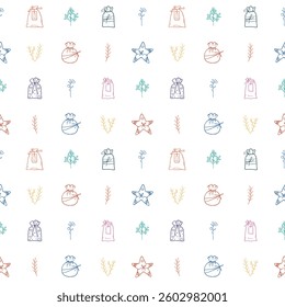 Hand drawn cute pattern with gifts, flower branches and stars. Colorful vector illustration in doodle style on white background