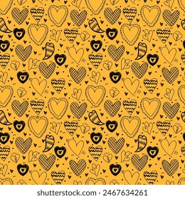 Hand drawn cute pattern with simple retro doodle hearts. Repeatable scribble drawings with cute love icons.