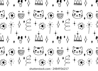 Hand drawn cute pattern with simple retro doodle elements. Repeatable scribble drawings