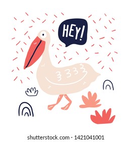 Hand drawn cute pelican doodle illustration with speech bubble. Cute summer time illustration, perfect for tourism, beach party, thirt. - Vector