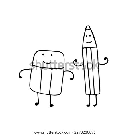 hand drawn cute pencil and eraser best friend vector Cartoon Mascot Character Vector illustration color children cartoon funny pencil and eraser clipart