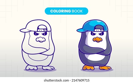 hand drawn cute penguin illustration coloring book for children to fill in