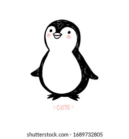 Hand drawn cute penguin isolated on white. Doodle cute animal illustration. Vector character. Can be used for kids or babies t-shirt design, room decoration.