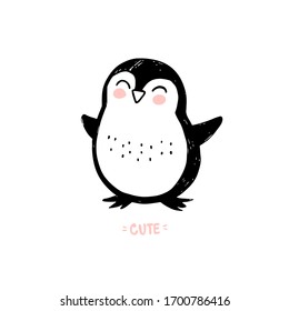 Hand drawn cute penguin isolated on white. Doodle cute animal illustration. Vector character. Can be used for kids or babies t-shirt design, room decoration.