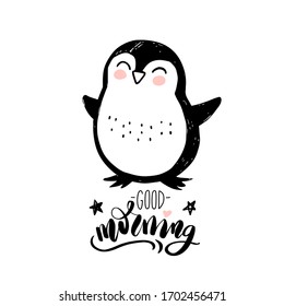 Pingüino lindo dibujado a mano aislado en blanco. Dibujo de animales adorables Doodle. Carácter vectorial. Se puede utilizar para el diseño de pantalones en vivo para niños o bebés, decoración de habitaciones. Cartas dibujadas a mano - Buenos días.