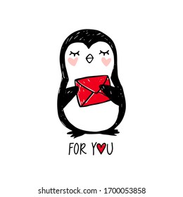 Hand drawn cute penguin with letter isolated on white. Doodle cute animal illustration. Vector character. Can be used for greeting cards, kids or babies t-shirt design, room decoration.