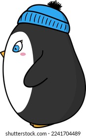 hand drawn cute penguin wearing a hat standing in profile
