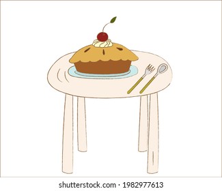 La mano dibujó pastel lindo con crema batida y cereza encima de la mesa sobre fondo blanco, el tenedor y la cuchara están en el lado, ilustración vectorial