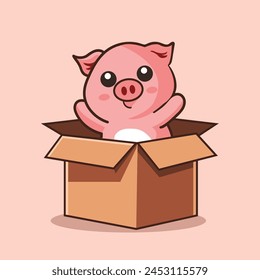 hand drawn cute pig in the a box vector character for elements, clipart, birthday