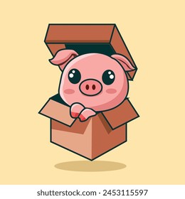 hand drawn cute pig in the box vector character for elements, clipart, birthday