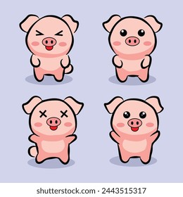 hand drawn cute pig cartoon character set bundle